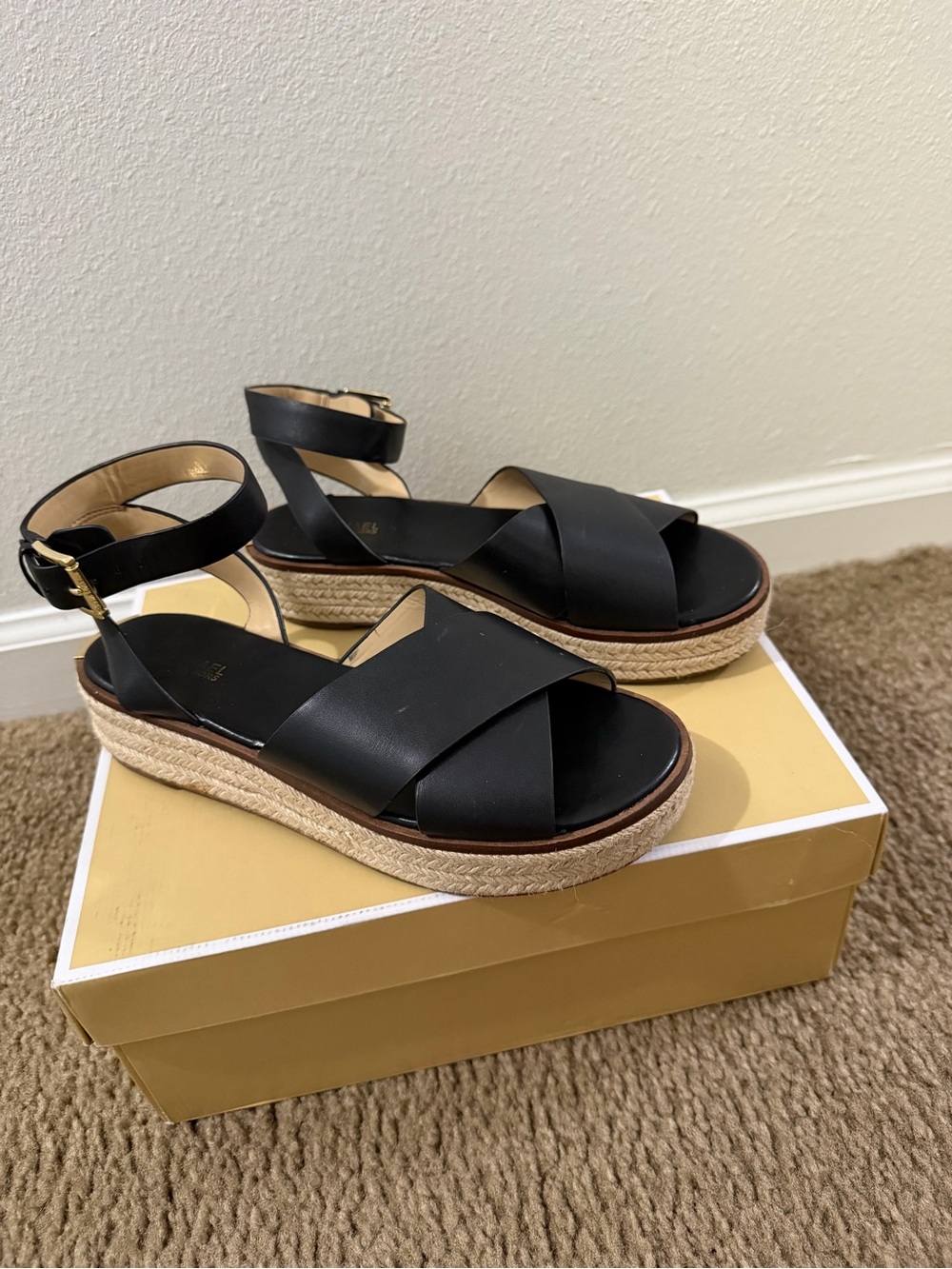 Michael kors abbott black leather espadrille platform sandal women’s 7.5m